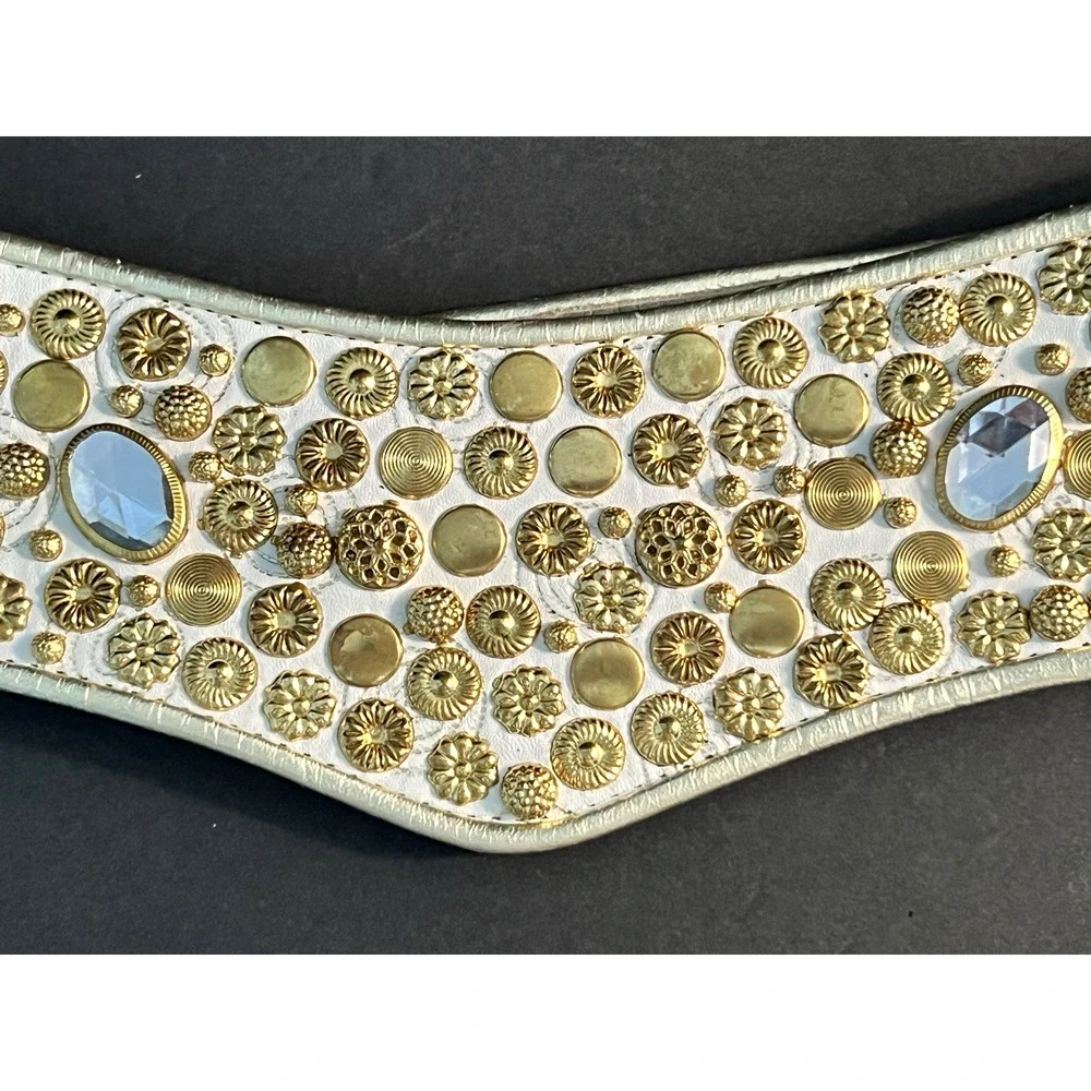 MCM White Leather Wide BELT Gold Tone Studs & Diva Bling Crystal Rhinestones